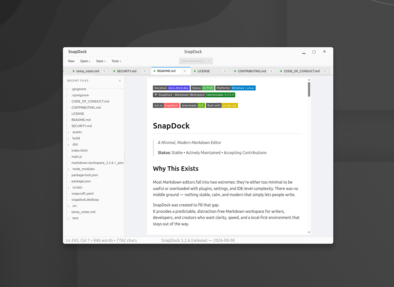 SnapDock 3 workspace with multiple Markdown files open
