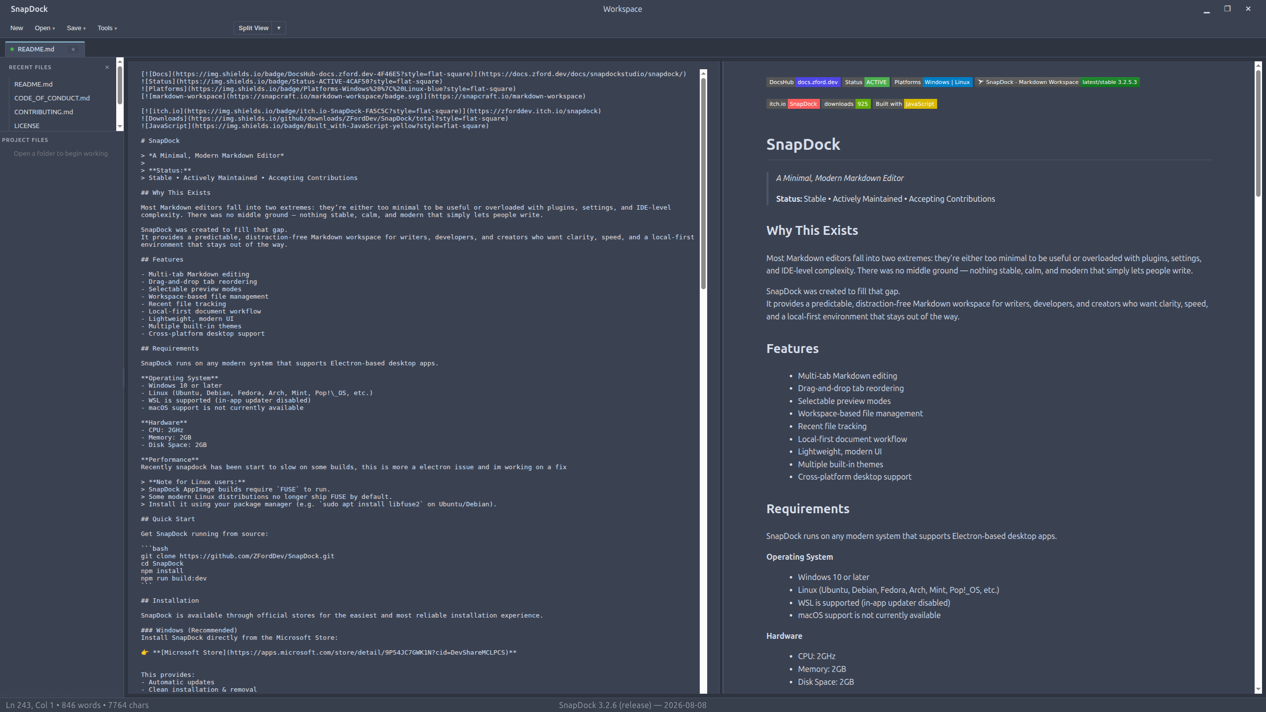 SnapDock 3 editing Markdown in a split editor and preview
